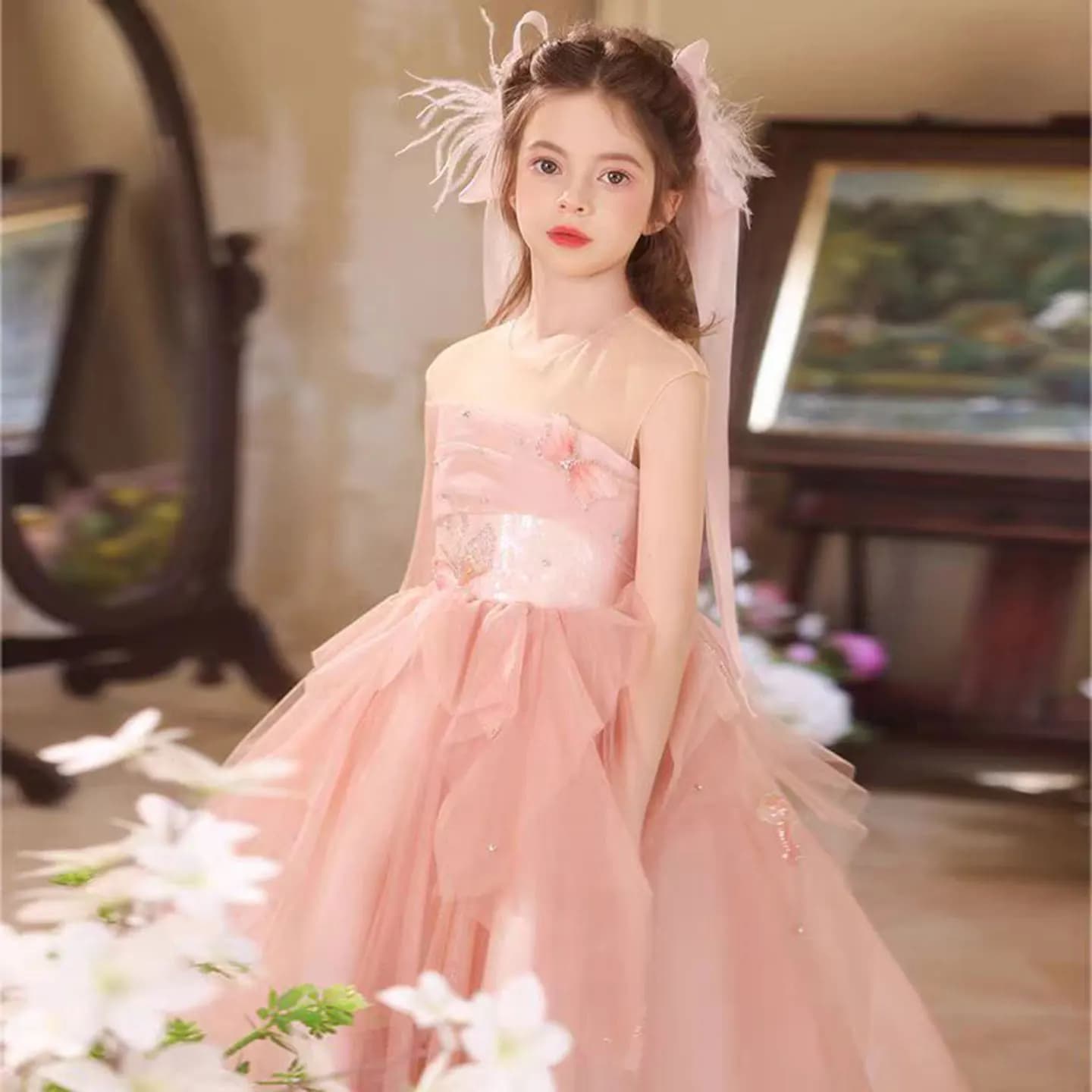 Jill Wish J527 Elegante abito da ragazza con fiori rosa con perline e fiocco con paillettes A-Line Abito da sera per principessa, matrimonio, festa di compleanno