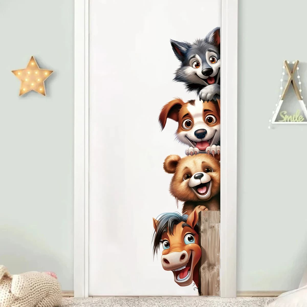 1 pz adesivi autoadesivi rimovibili per porte decorazione della camera dei bambini animali dei cartoni animati decalcomanie da muro in PVC per la decorazione della camera da letto regalo