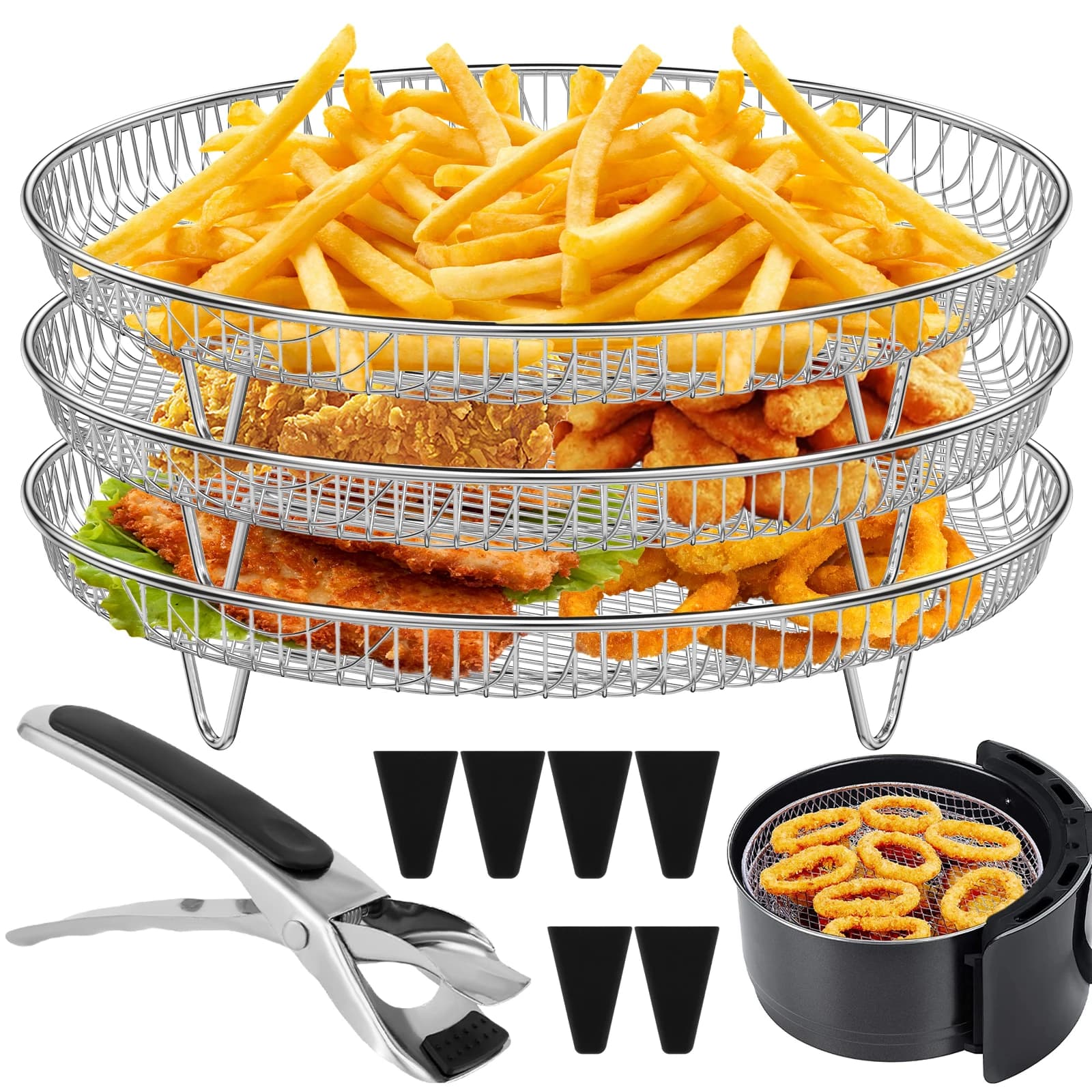 3 Layer Air Frying Grid With Lifting Feet Stainless Steel Air Fryer Pad For Dehydrator Accessories for Air Fryer Round Cooking Tool