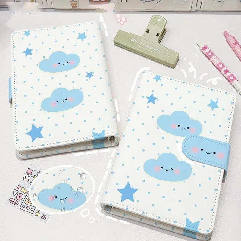 Kawaii Blue Cloud Star Loose Leaf Binder Notebook Detachable PU Cover Journal For Girls Student Scrapbook Planner Stationery