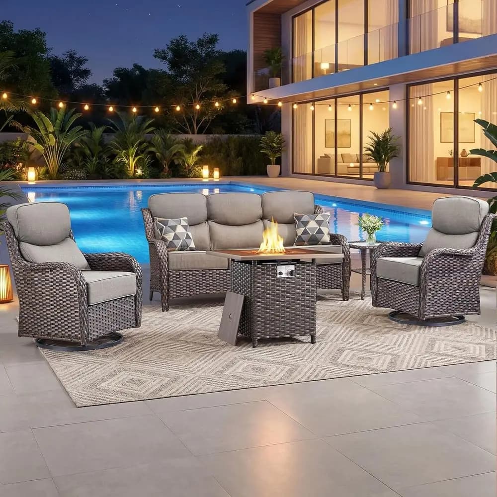 Set di Mobili da Giardino con 6 Cuscini Spessi, Braciere, Sedie Girevoli, Tavolino Laterale, Divano, 5 Pezzi in Vimini per Terrazza e Bordo Piscina (Grigio)