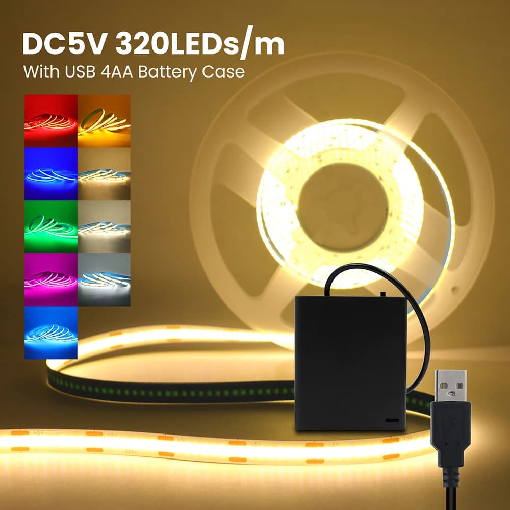 Striscia LED COB PCB da 3mm 5mm 8mm con interruttore Alimentazione a batteria USB 5V DC Bianco Rosso Giallo 320LED/m Lampada a nastro adesivo flessibile