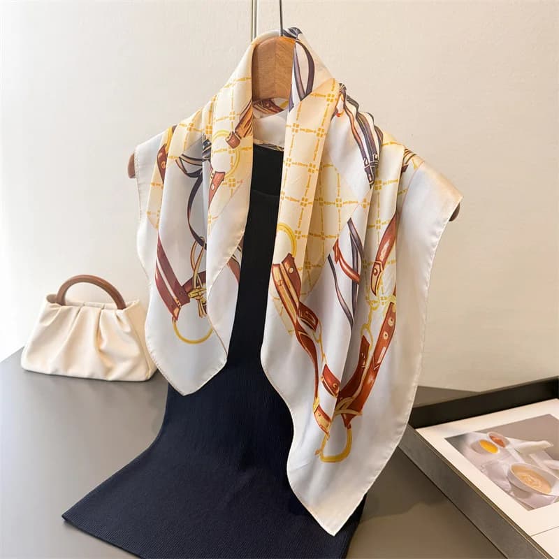 Women's chain printed square scarf, synthetic silk scarves, bandane, luxury hijab, scarf, hair band, elegant shawls and shoulder covers