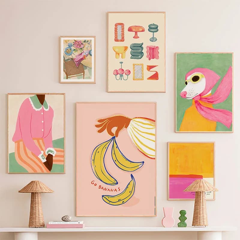 Fresco ed elegante arte astratta poster ragazza cane vaso banana testo tela pittura arte della parete moderno chic casa dormitorio sala da pranzo arredamento