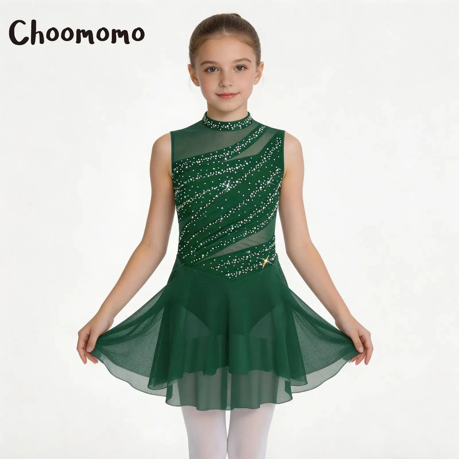 Kids Girls Lyrical Dance Dress Rhinestone Sheer Mesh Ballet Gymnastics Leotard Tutu Dress Sleeveless Figure Ice Skating Costume