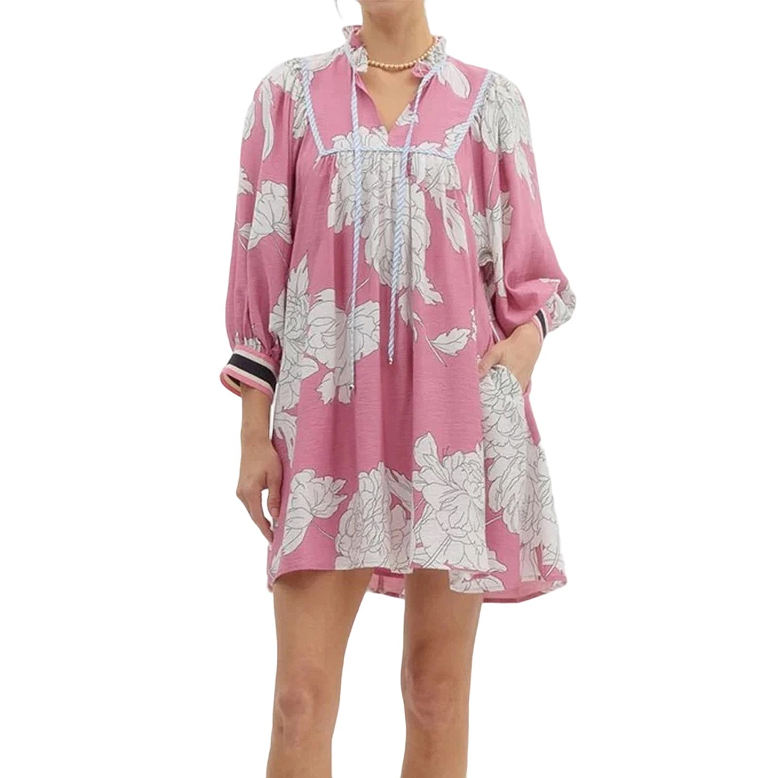 Abito da salotto a fiori da donna, allacciatura ampia, scollo a V, maniche a 3/4, pigiama, indumenti da notte casual