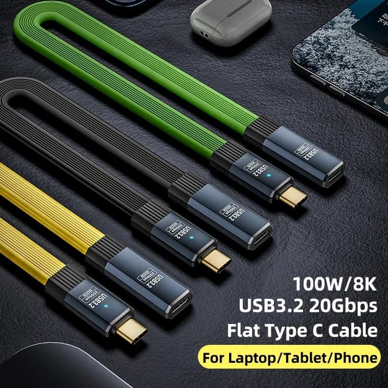 Cavo dati di prolunga da 100W piatto maschio a femmina da tipo C a C USB3.2 cavo USB C da 20Gbps 8K per iPhone 15 Huawei Xiaomi Switch