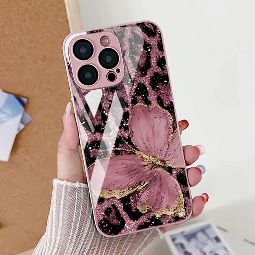 Custodia per telefono con stampa leopardata a farfalla per iPhone 17 16 14 13 11 12 15 Pro Max Air 16E 8 7 Plus XR SE Cover in silicone in vetro temperato