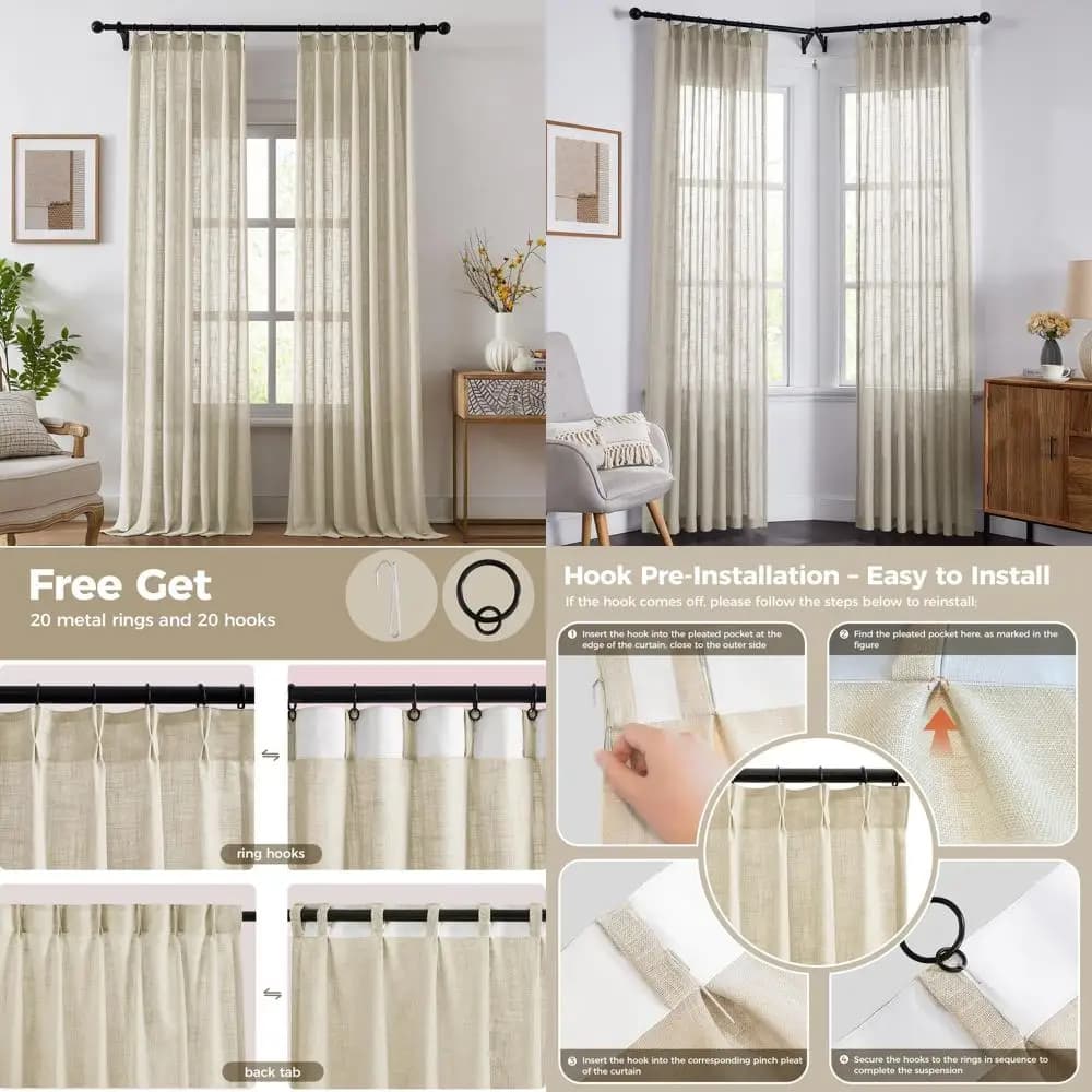 Pleated tents in farm style linen, semi-transparent light filtering, length 90, set of 2 panels