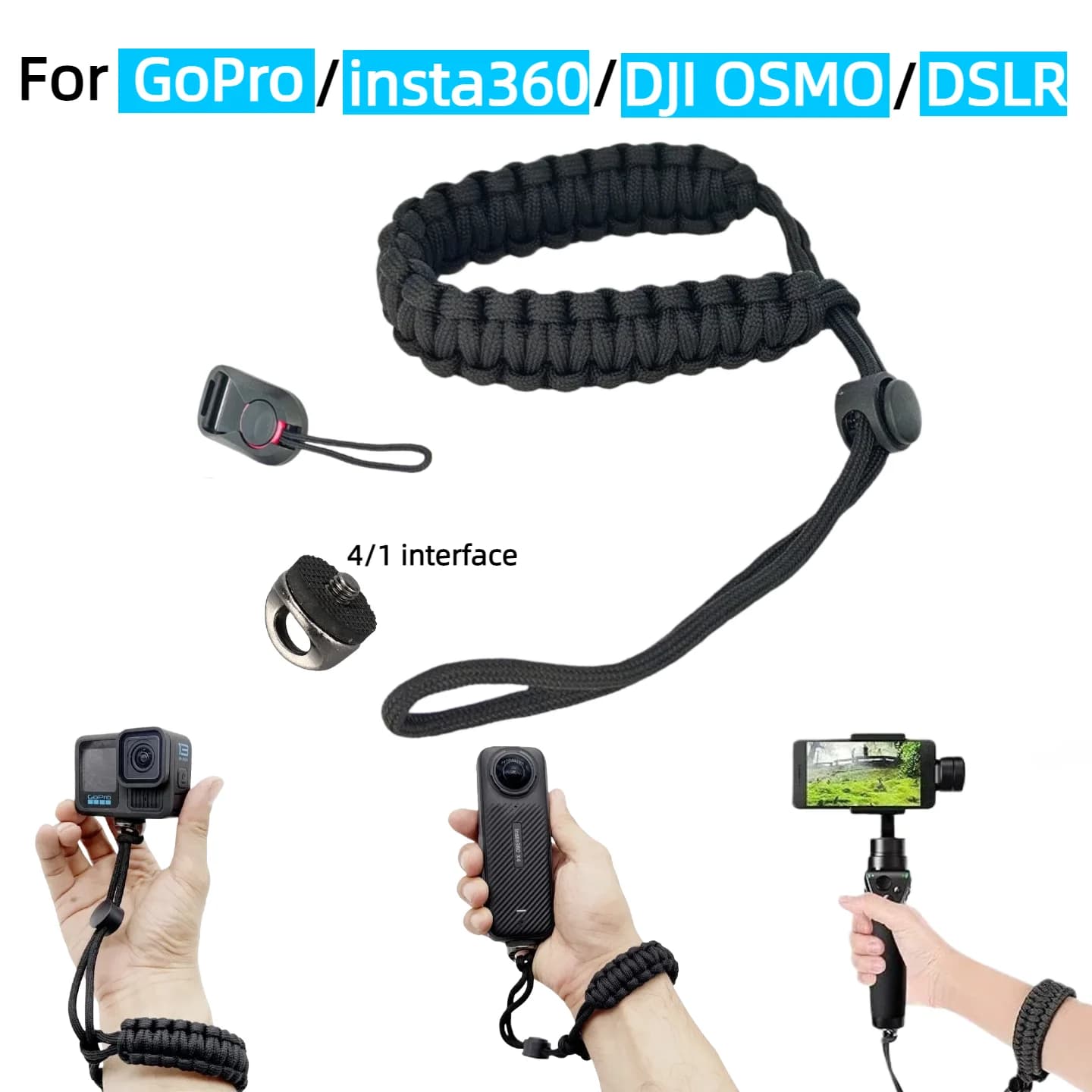 Cinturino da Polso Anti-Smarrimento Intrecciato con Vite da 1/4 per DSLR GO PRO Hero 13 12 11 10 DJI OSMO Action 5 4 Insta360 X5 Accessori
