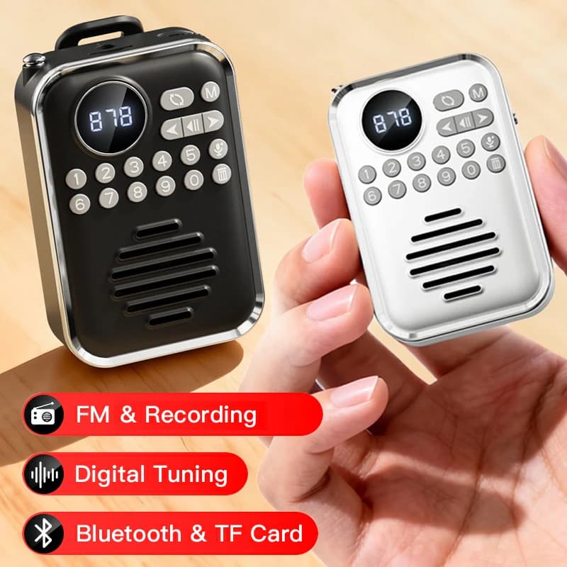 Mini Radio FM Portatile con Display HD, Ricevitore Digitale, Altoparlante Bluetooth Wireless, Registratore Vocale, Ricaricabile, Lettore Schede TF