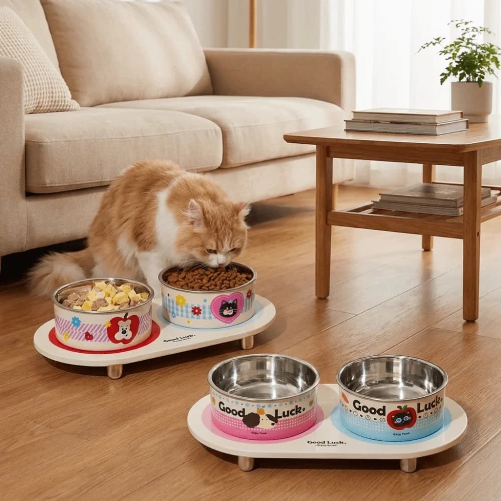 Stainless Steel Double Cat Bowl Large Capacity Neck Protection Pet Food Feeder Anti-Tip Non-Slip Cat Water Bowl Food Water