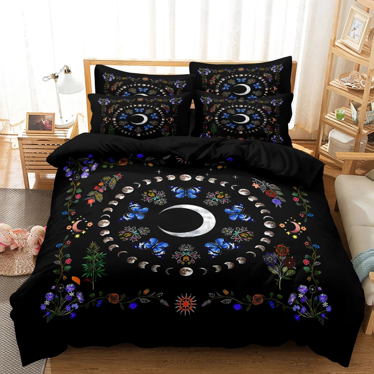 Set di biancheria da letto con copripiumino floreale con fasi lunari, 3 pezzi, ultra morbido e confortevole, per la decorazione della camera da letto, della stanza degli ospiti, del dormitorio