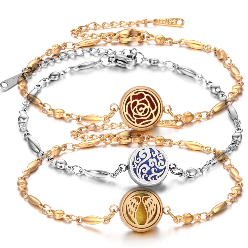 Bracciale Diffusore di Oli Essenziali in Acciaio Inox, Placcato Oro 18K, Albero della Vita, Colore Argento