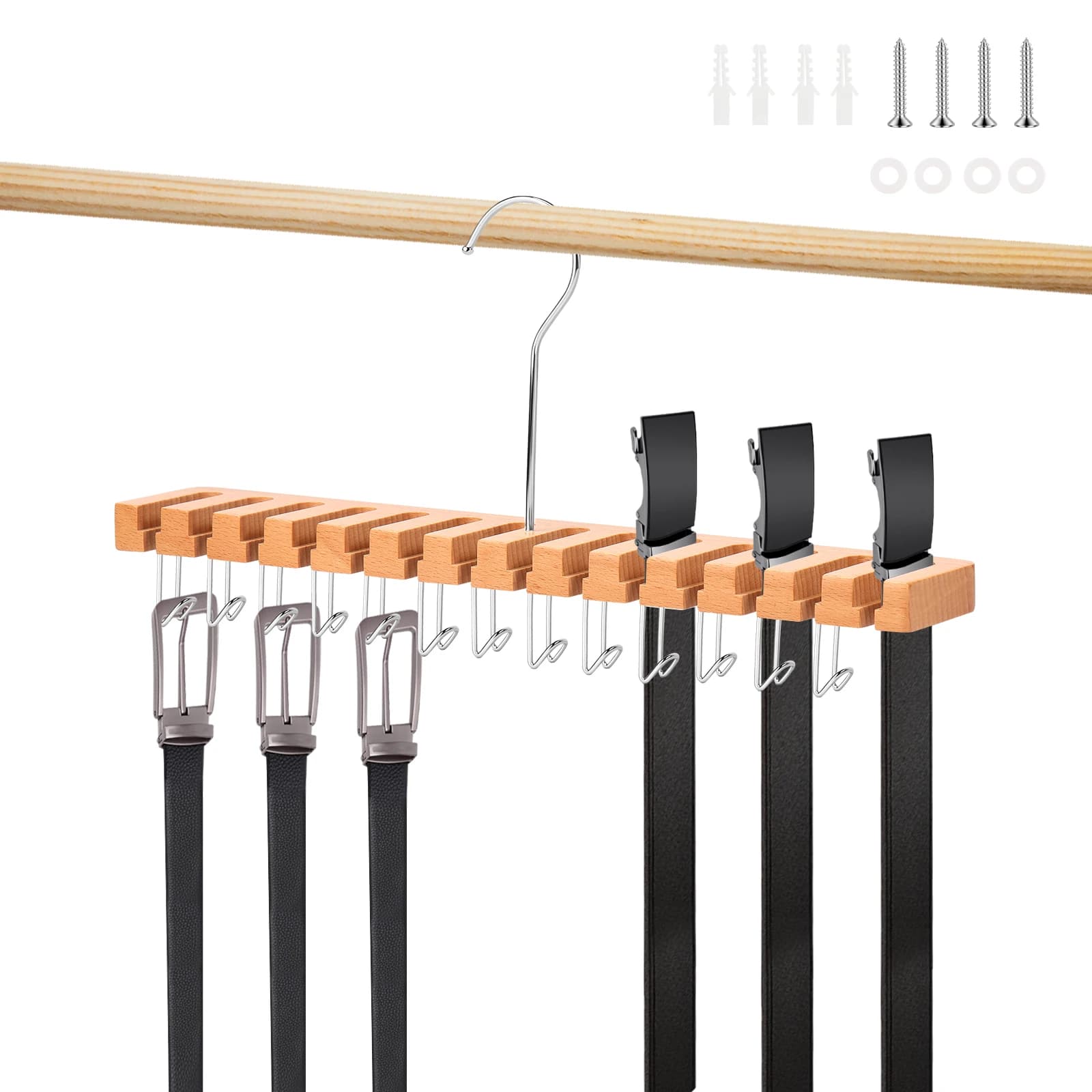 Set di grucce per cintura in legno, vestiti multiuso, biancheria intima, cravatta, cintura, 13 ganci, salvaspazio, guardaroba