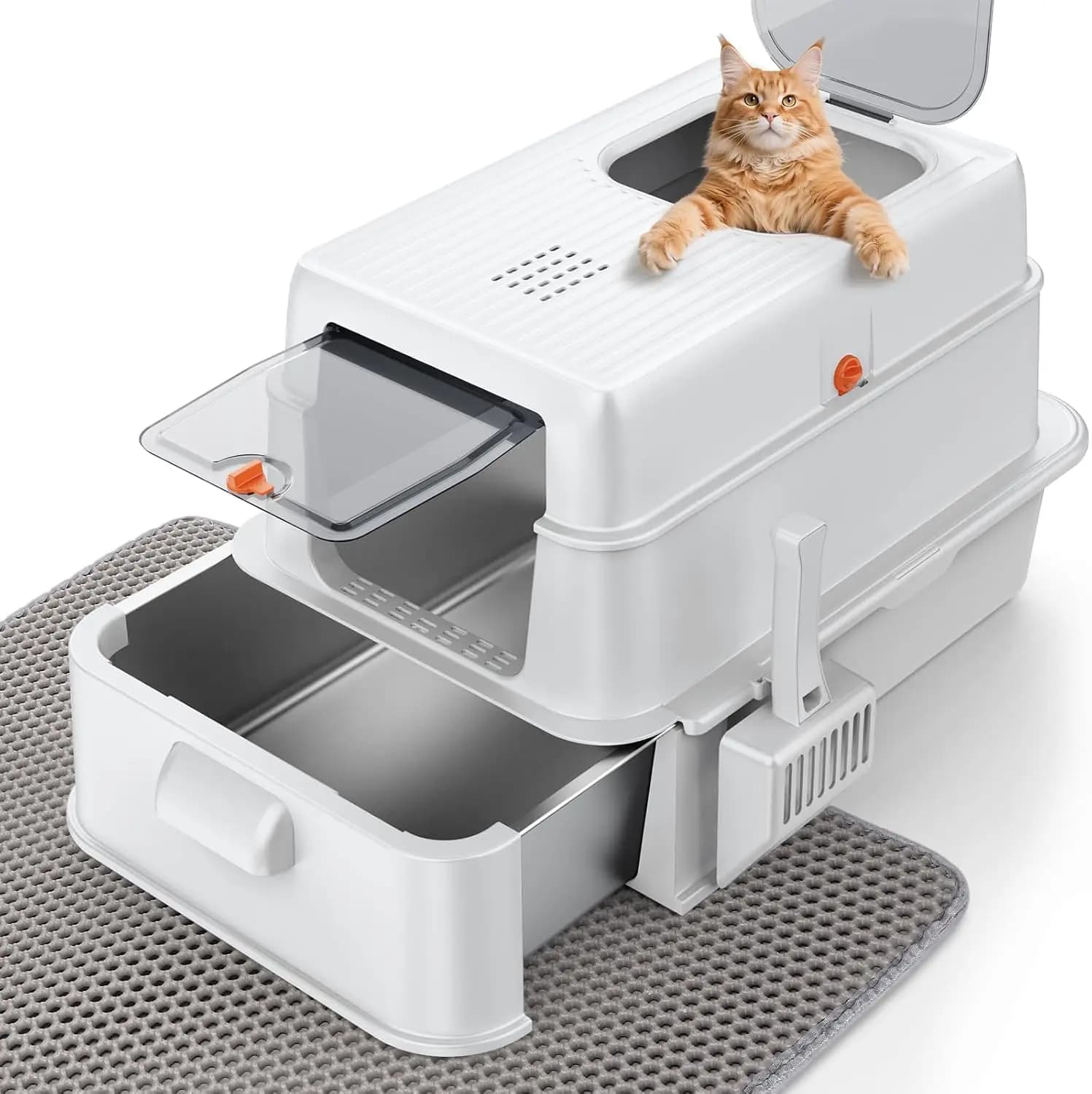 Lettiera per Gatti in Acciaio Inossidabile con Coperchio, XL per Gatti Grandi, Design a Cassetto Chiuso, Ingresso Frontale e Superiore, Include Paletta e Tappetino
