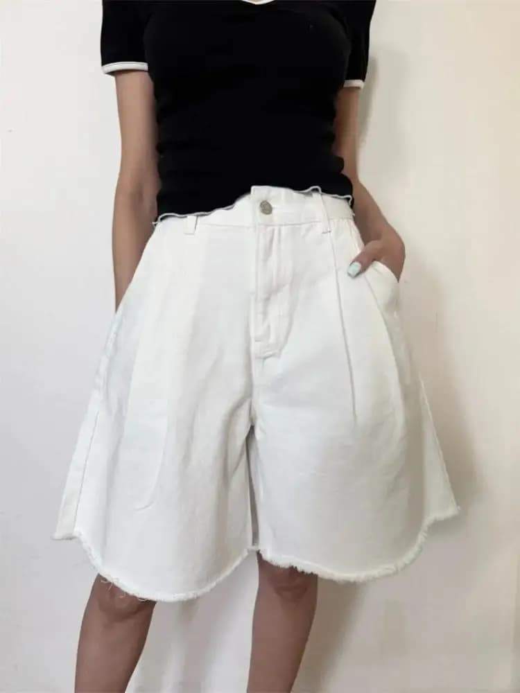 Pantaloncini Jeans Donna Estivi 2026 Y2K alla Moda, Tinta Unita, Plissettati, Larghi, Stile Coreano Casual, in Denim