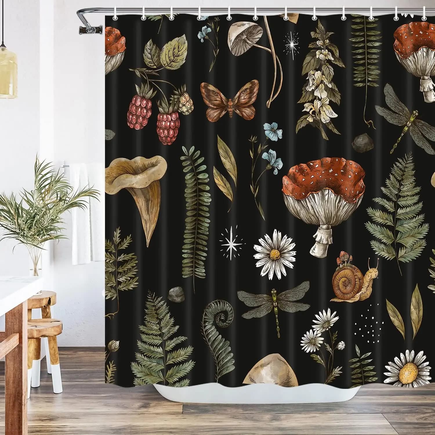 Vintage Mushroom Shower Curtain Botanical Mushroom Fern Forest Plants Fabric Shower Curtains for Bathroom Boho Shower Curtain Set with Hooks, Black, 69 X 70 Inches