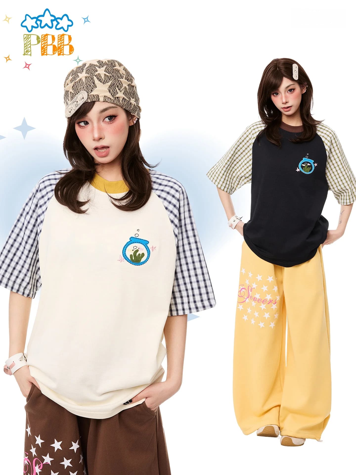 PBB Retro American Style Women's T-shirt Short Sleeve Embroidered Plaid Loose Fit Casual Lazy Shoulder Insertion Summer Cotto...