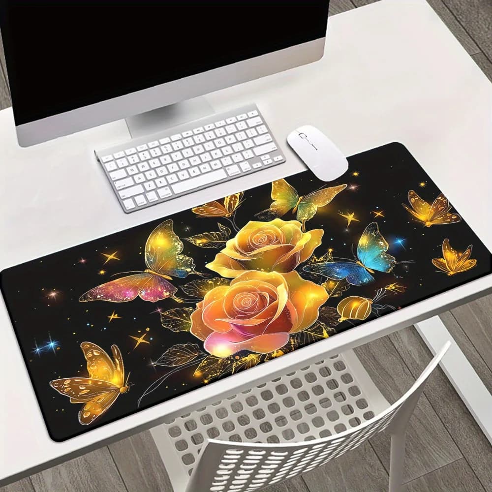 Tappetino per Mouse Esteso Golden Rose Butterfly in Gomma Antiscivolo per Gaming e Ufficio