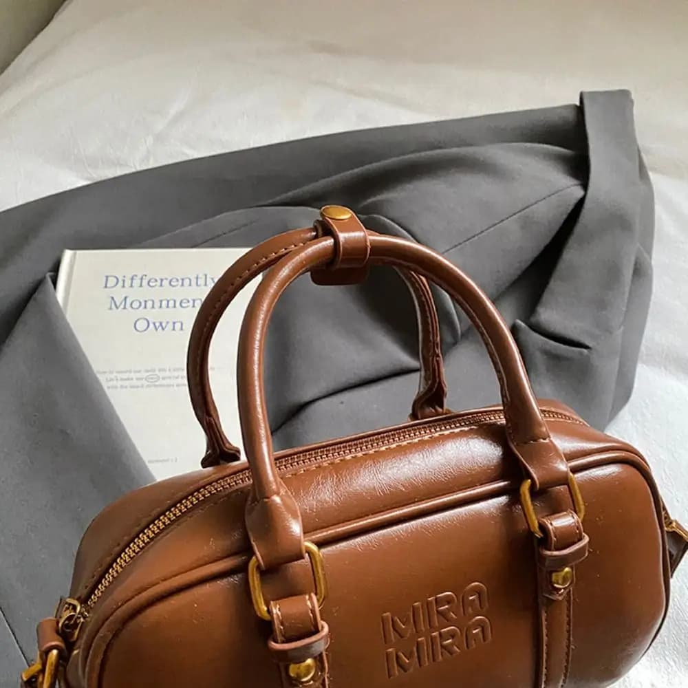 Fashion PU Leather Bowling Bag Handbag Solid Color PU Boston Bag Korean Style Large Capacity Square Shoulder Bag Shopping