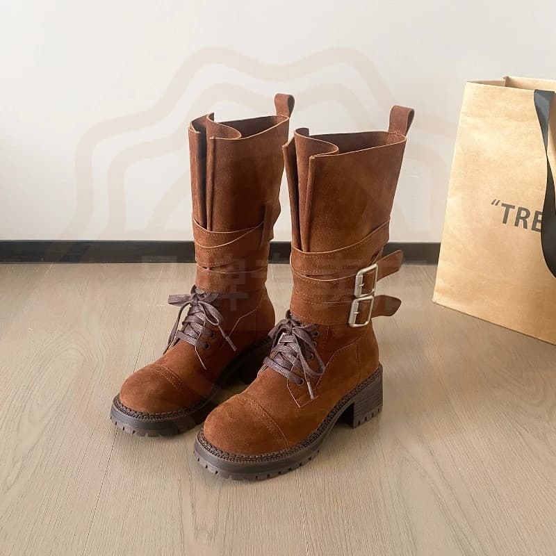 New Retro Women's Shoes Exquisite Buckle Mid Calf Boots for Woman Fashion Platform Motorcycle Boot Designer Shoes Botas De Mujer