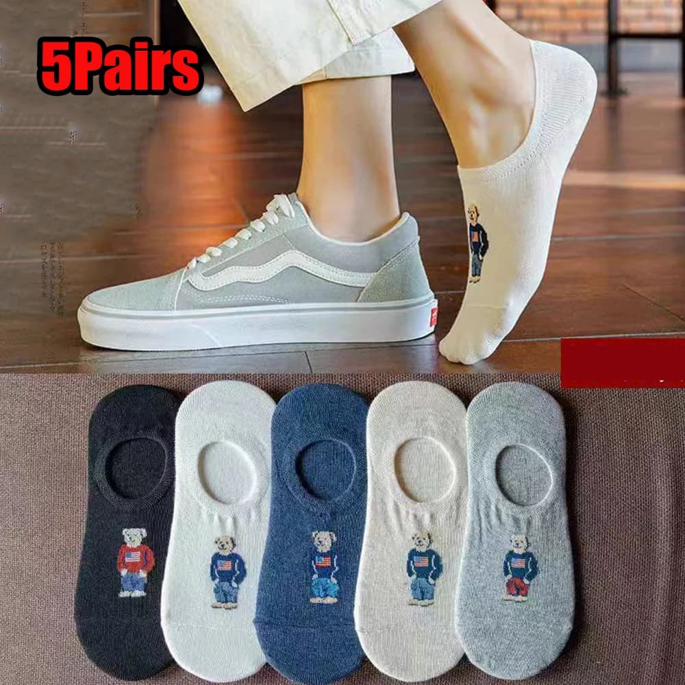 5Pairs Summer Thin Woman Socks Pure Cotton Cartoon Bear Non Slip Socks Men Sweat Absorbing Odor Preventing Low Top Men Clothe
