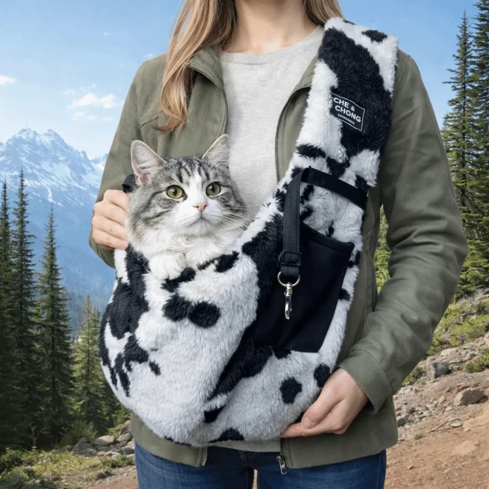 Borsa per Animali Domestici in Peluche, Trasportino Confortevole con Motivo Mucca, Borsa a Tracolla per Gatti, Borsa da Viaggio Calda per Animali