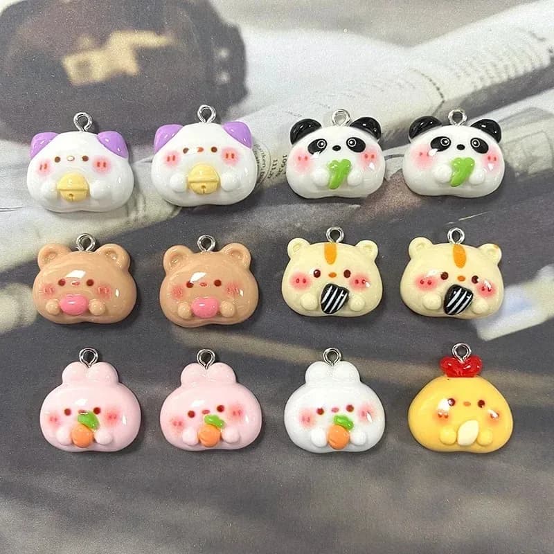 10Pcs Kawaii Cartoon Animals Hug Food Resin Charms Cat Panda Hamster Rabbit Pendants DIY Earrings Keychain Jewelry Making