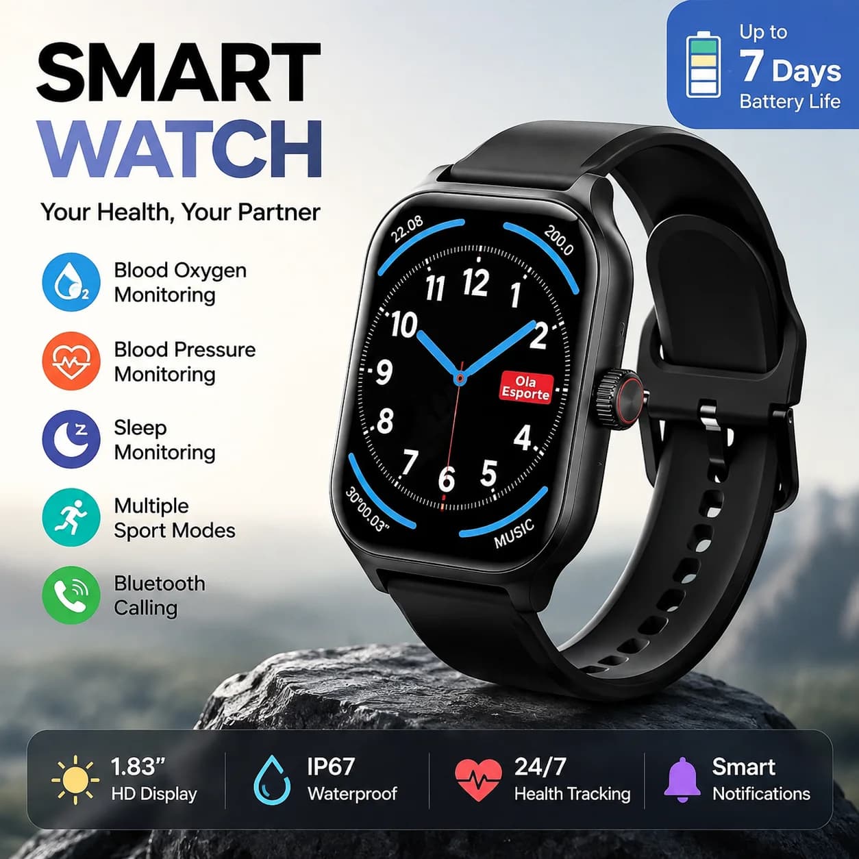 Smart Watch Men Women 1.83'' HD Display Bluetooth Call Smartwatch Blood Pressure Heart Rate Monitor Sleep Tracker Sports Fitness