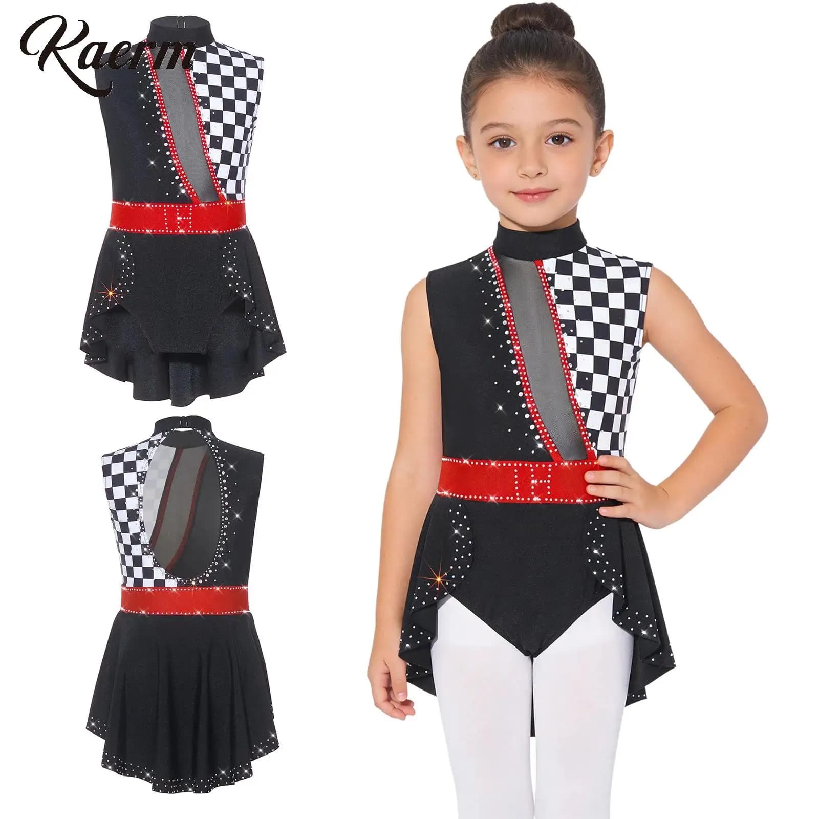 Costume da Clown da Circo per Ragazze, Tuta da Ringmaster per Halloween, Body con Strass Lucidi, Gonna con Volant, Leotard Fantasia con Stampa a Scacchi