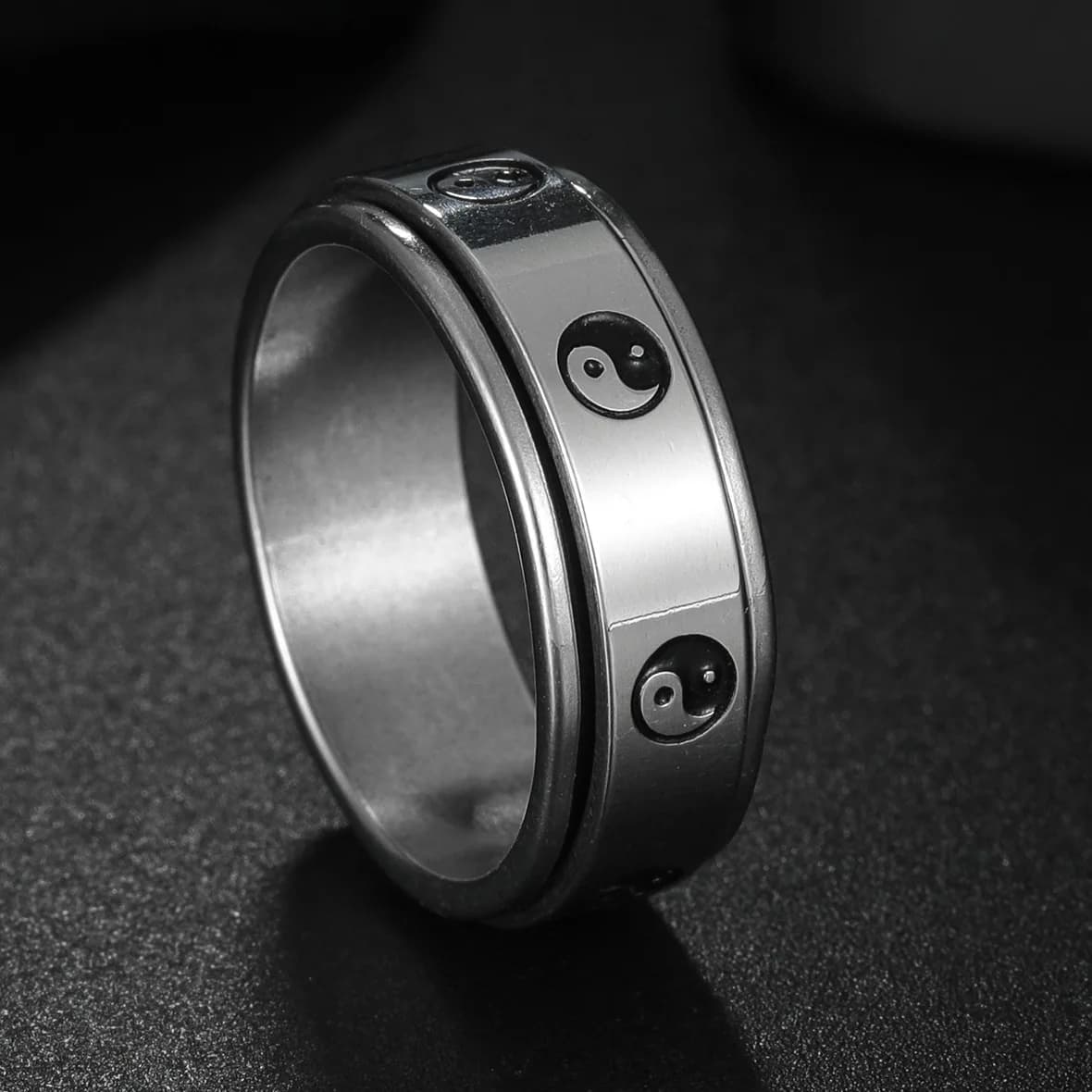 Anti Stress Anxiety Fidget Spinner Yin Yang Rings For Men Rotating Stainless Steel Casual Band Knuckle Rings Jewelry Anillo