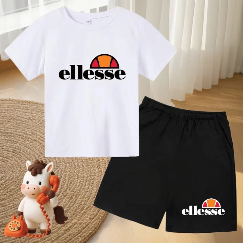 Breathable pure cotton men's and women's clothing set, classic printed short sleeved top, elastic loose shorts