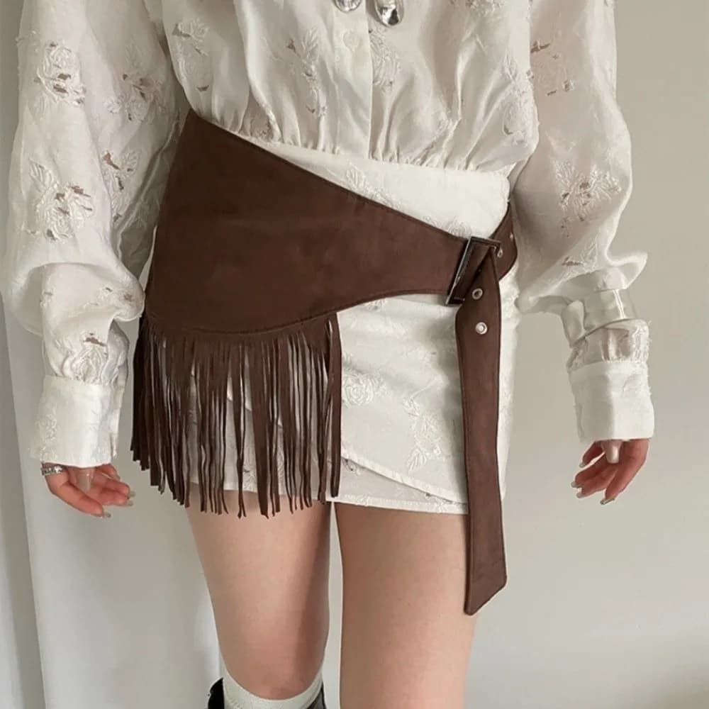 Elegante cintura in vita con nappe in tinta unita con frange stile cowboy Minigonne a vita alta Cintura corta con tenda a triangolo