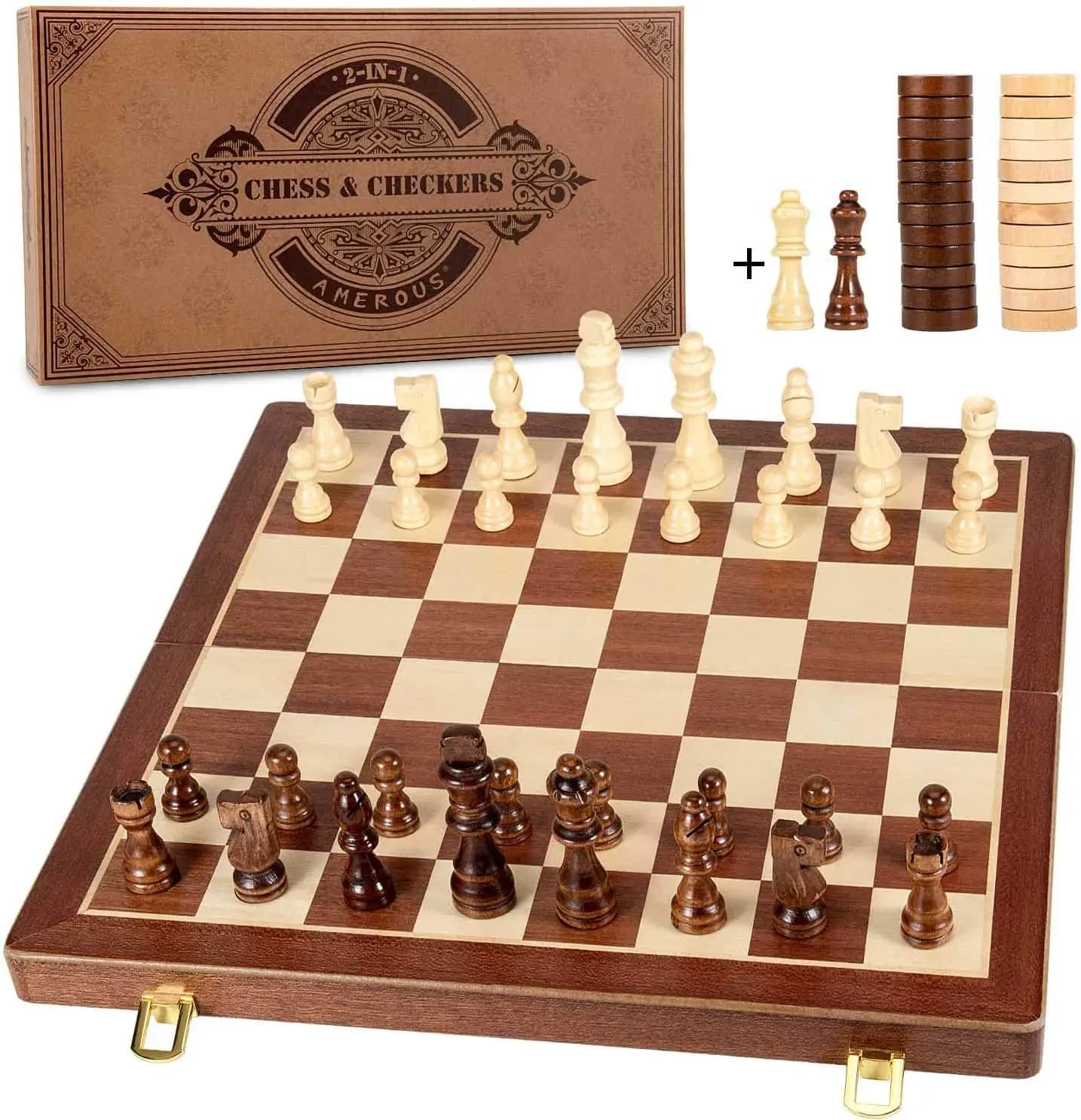 Set di scacchi e dama magnetici in legno da 15' (2 in 1) - Tavola pieghevole, 24 pezzi, 2 regine extra, confezione regalo - Perfetto per bambini e adulti
