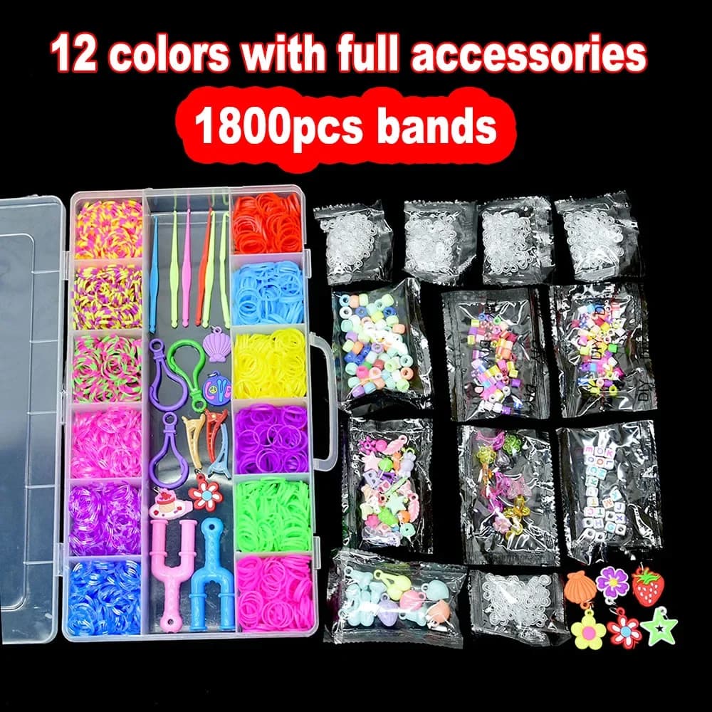 1800pcs Elastic Rubber Loom Bands DIY Tool Set Box Weave Bracelet Handicraft Girl Gift Children Kids Toys for Teenage 8 10 Years