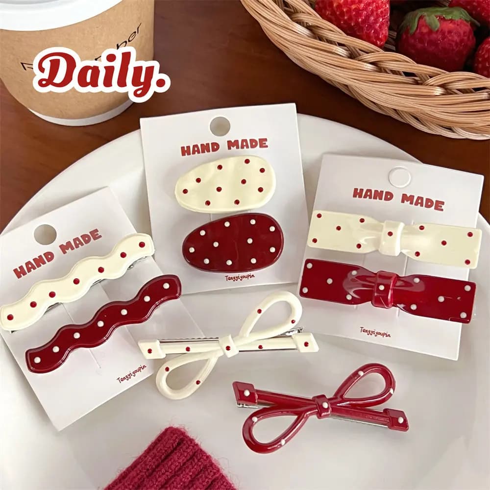 2 Pcs Retro Polka Dot Bow Hair Clip Fashion Funny Duckbill Clip Fringe Clip Cute Kawaii Girlish Heart Versatile Hair Accessory