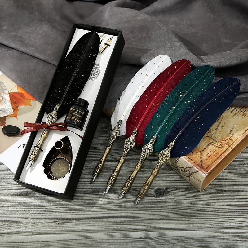 Durable Calligraphy Feather Dip Pen with 2 Nib Set Quill Fountain Writing Creative Vintage Stationery Classic Texture Gift Box