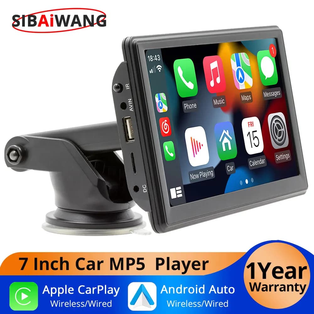 Lettore video multimediale per autoradio portatile da 7 pollici Wireless Android Auto Carplay MP5 Stereo IPS Schermo Bluetooth Telecamera per retrovisione