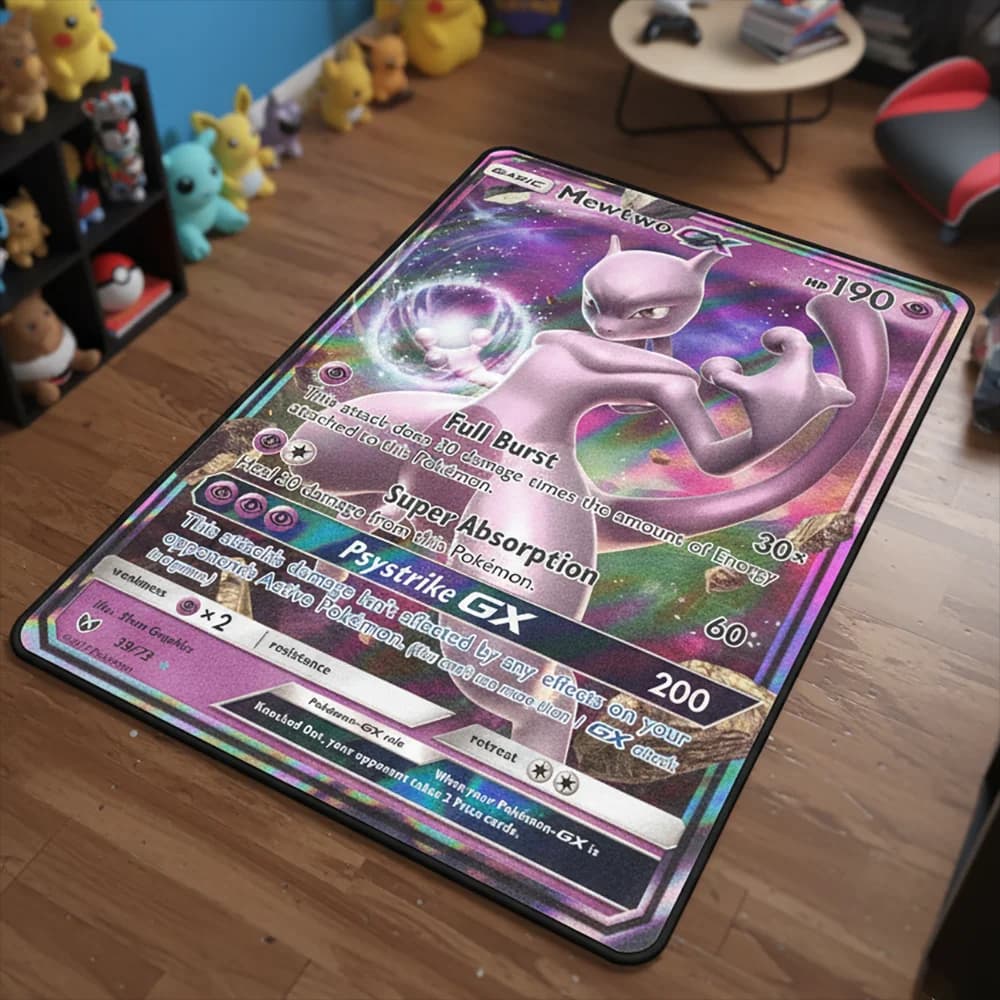 Cartoon Anime Pokemon Card Mewtwo EX Tappetino per pavimento Tappeto antiscivolo per la decorazione della camera dei bambini, tappetino per animali domestici/giochi, coperta decorativa morbida