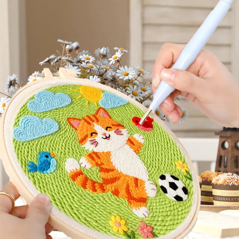 GATYZTORY Embroidery Punch Needle Kit Stitching Tool Set Magic Embroidery Needle Pen Tufting Cartoon Cat Football Field Match
