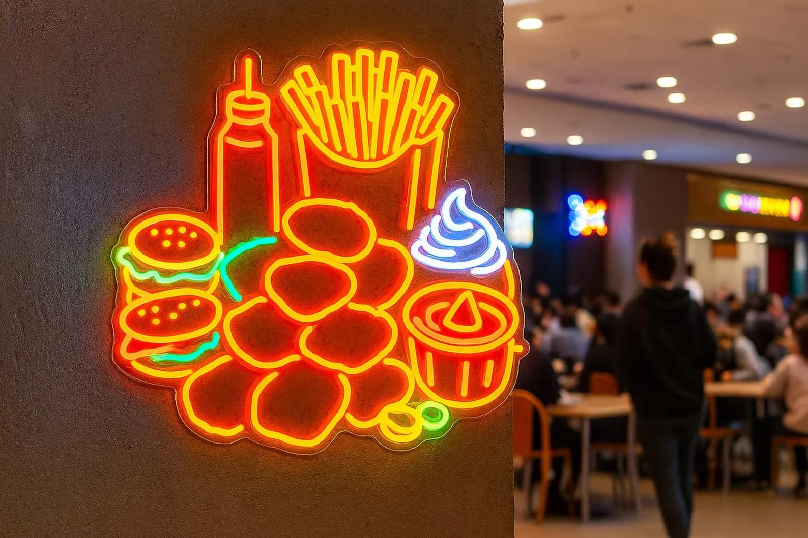 Insegna al neon americana per fast food, insegna a LED per hamburger, decorazioni a LED per panini, insegna al neon per alimenti, decorazioni per display a LED per fast food