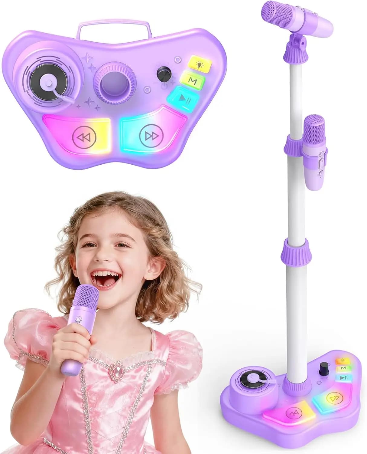 Macchina Karaoke Ricaricabile per Bambini con Microfoni Wireless, Altoparlante Bluetooth e Luci LED, Regalo per Bambini dai 3 agli 8 Anni