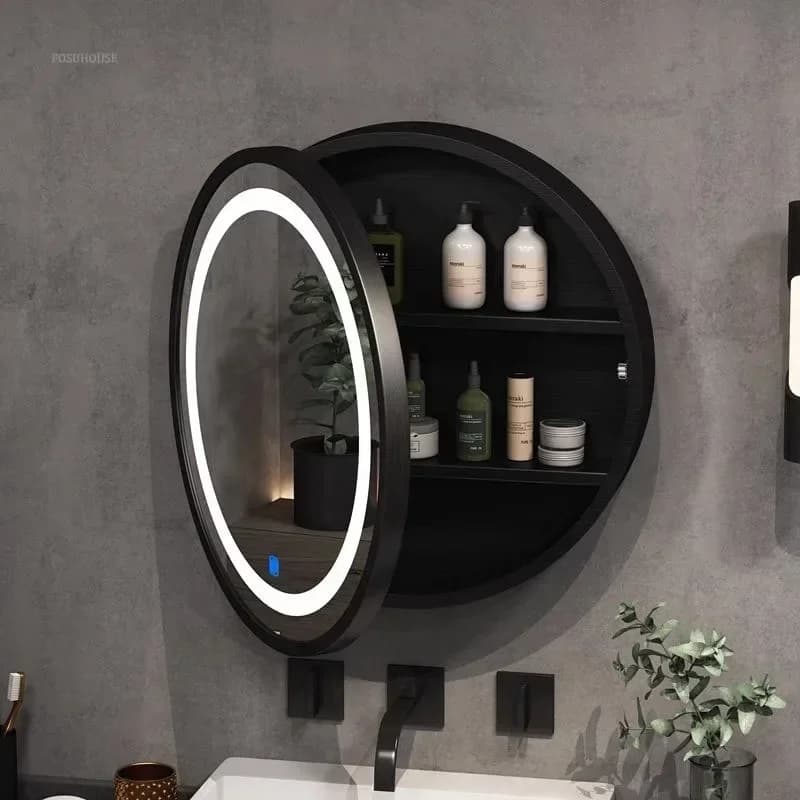 Specchio da Bagno LED Smart Nordico con Armadietto, in Legno Massello, Ovale, da Parete, Rotondo, con Ripiano Contenitore U b z