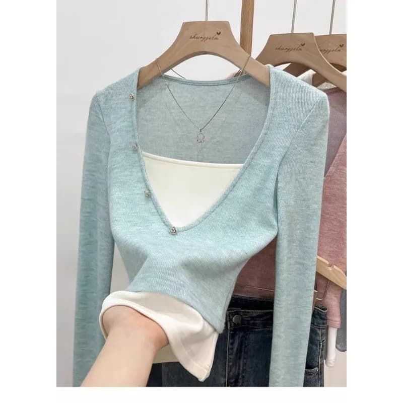 Contrast Color Half Open Collar Bottoming Shirt Women's Button Long Sleeve T-Shirt Fake Two Piece Spliced Top