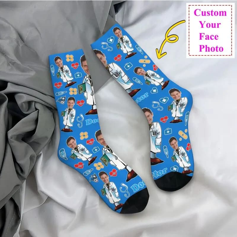 Calzini da dottore personalizzati da uomo e da donna, unisex, cool, personalizzati, con viso, design fotografico, primavera estate autunno inverno