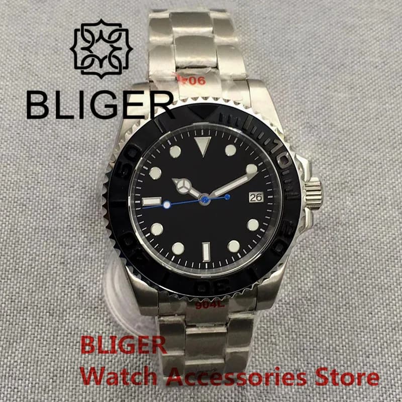 BLIGER 40mm NH35A Orologio automatico da uomo Spazzolato Nero Inserto Blu Seconda lancetta Mingzhu MIYOTA PT5000 Movimento Vetro zaffiro 10Bar