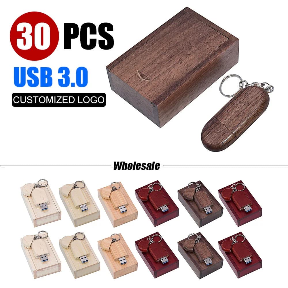 Chiavetta USB in legno da 30 pezzi 128 GB 64 GB 32 GB 16 GB 8 GB Memory Stick con logo gratuito con portachiavi Regalo aziendale creativo Pen drive
