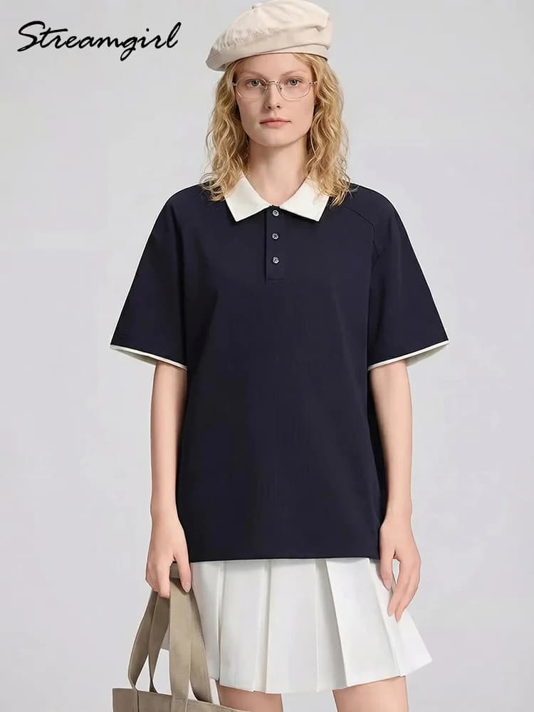 Streamgirl Magliette Polo Estive da Donna Marrone a Maniche Corte, T-shirt Polo Oversize Blu Navy per Donna, Magliette in Cotone Comode