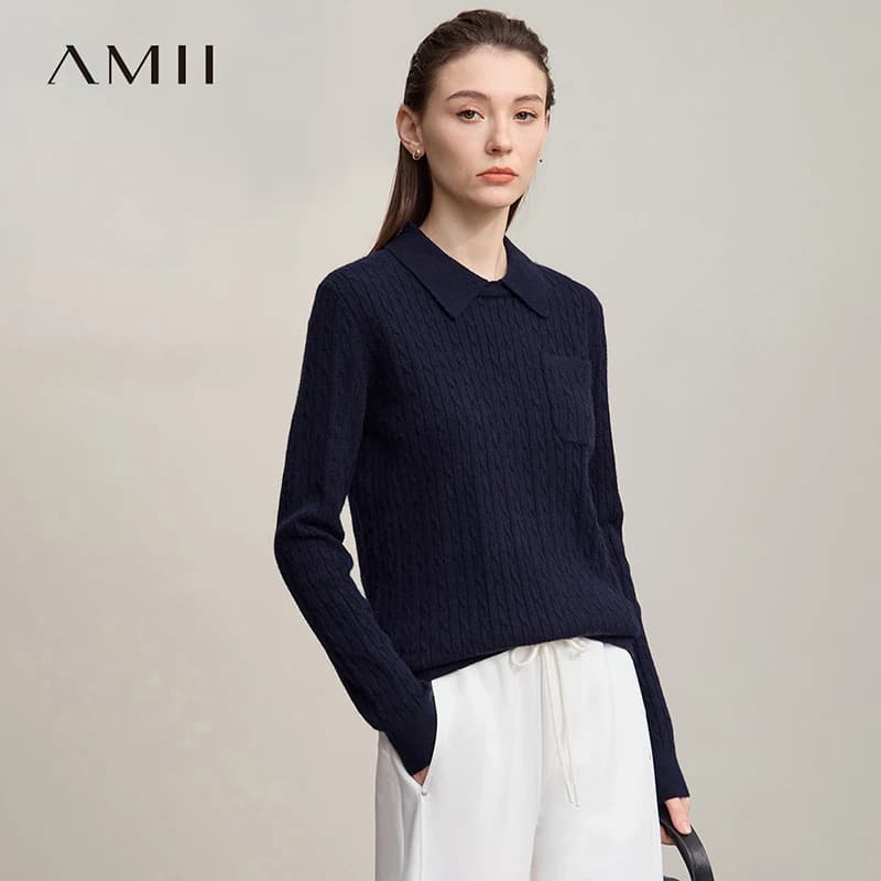 AMI Maglione da donna 2025 Autunno Nuovo Retro Tinta unita Maglioni eleganti Donna Versatile maniche lunghe Top per donna 12543205